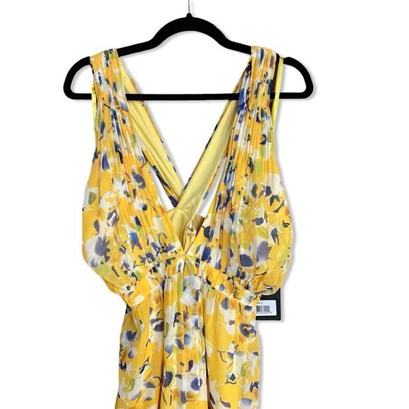 NWT Mac Duggal Ieena Yellow Crossed Halter Tie Waist Jumpsuit floral print Sz 6 - Picture 3 of 15